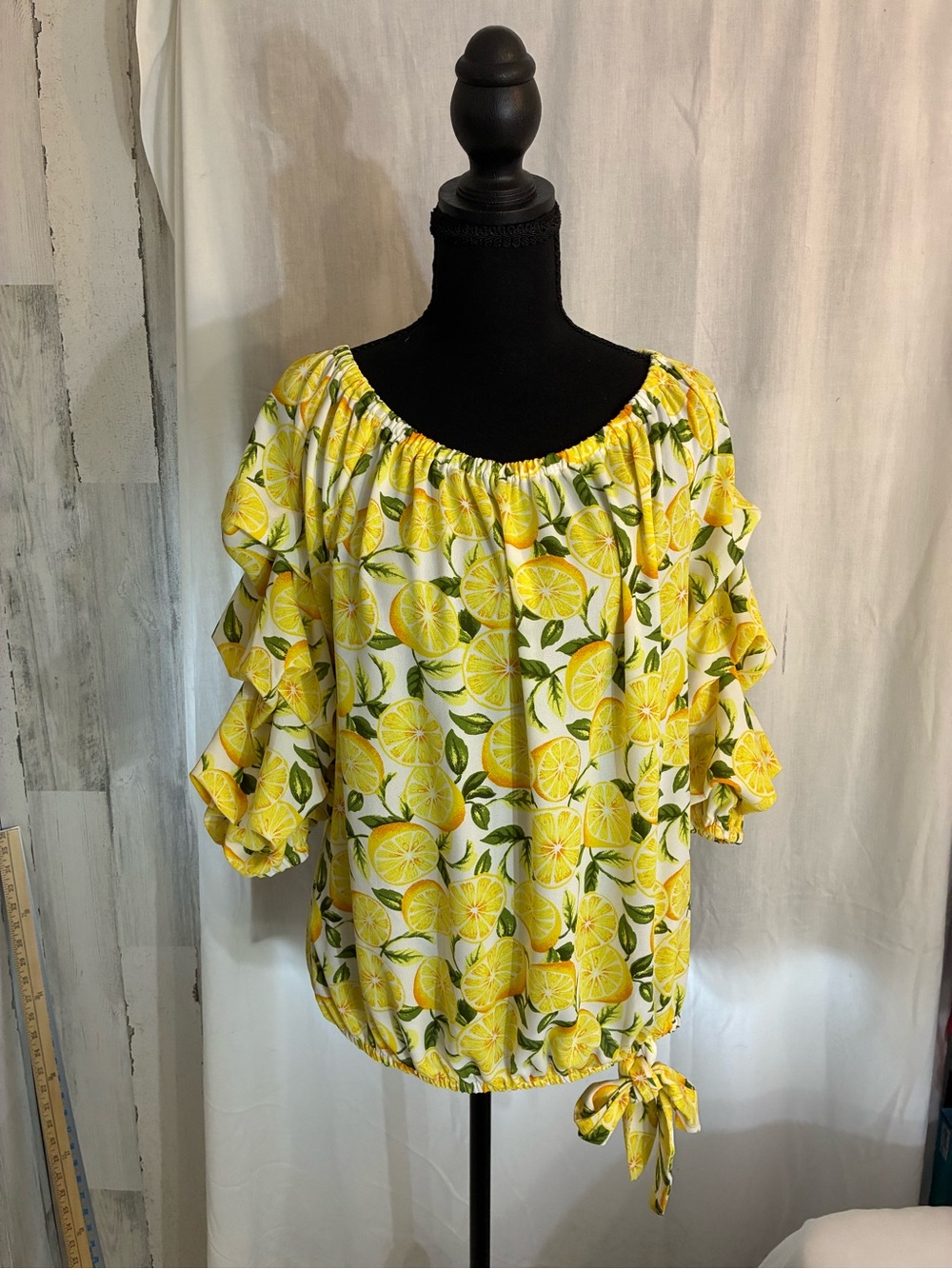 CeCe Yellow Lemon-Print Off-Shoulder Ruffle Blouse